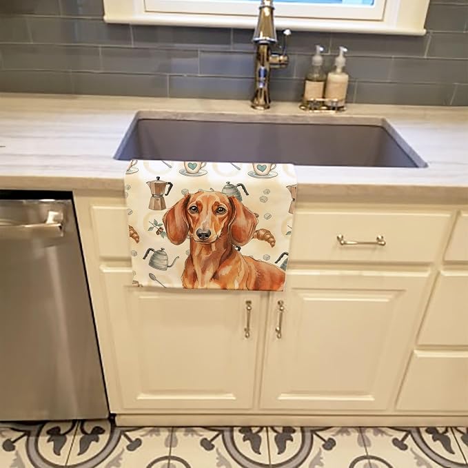 Caroline's Treasures Red Brown Dachshund Coffee Bar Kitchen Towel Velour Plush Front and Cotton Loop Back Machine Washable