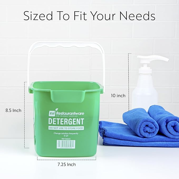RW Clean 6 Quart Cleaning Buckets, 10 Detergent Square Buckets - With Measurements, Built-In Spout And Handle, Green Plastic Utility Buckets, For Home Or Commercial Use, - Restaurantware