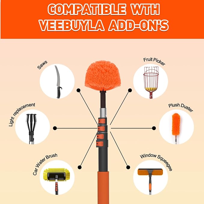 15FT Reach Cobweb Duster with Extension Pole - Spider Web Brush for Cleaning with 3-12FT 4-Section Flip-Lock Telescopic Pole, Effortlessly Cleans High Indoor & Outdoor Webs