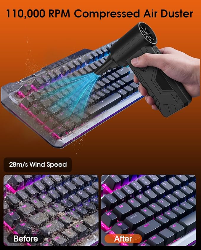 Superpower Compressed Air Duster-110000RPM Cordless Electric Air Duster, 4 Speeds Mini Blower with 15W Fast Charging, Durable Clean Duster for Computer, Keyboard, House, Outdoor and Car