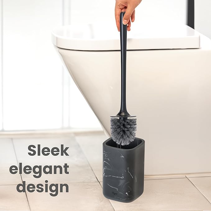 Vigar Zense Toilet Brush and Holder Set, Toilet Bowl Brush with Polyresin Stone Holder, Bathroom Sets for Bathroom Decor and Accessories, Black Marble