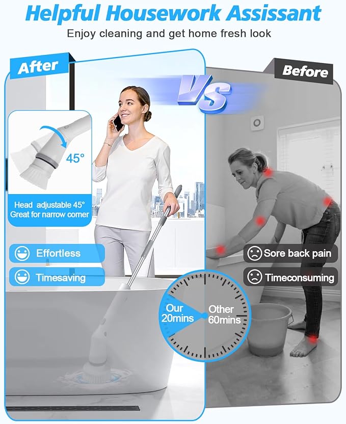 Electric Spin Scrubber Cordless Cleaning Brush, 2 Speed Shower Power Scrubbers for Cleaning Tub Tile, Spin Brush Cleaning for Bathroom Long Handle