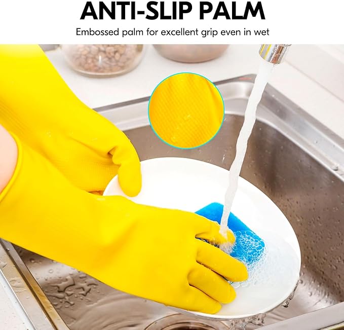 Vgo... 2-Pairs Reusable Household Gloves, Rubber Dishwashing gloves, Extra Thickness, Long Sleeves, Kitchen Cleaning, Working, Painting, Gardening, Pet Care (Size M, Yellow, HH4601)