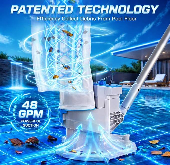 2026 Upgraded Cordless Pool Leaf Vacuum Cleaner with Dual Filter Bags for Above Ground & Inground Pools – Heavy Duty Swimming Pool Vacuum with Pole, 48GPM Strong Suction for Easy Leaf & Debris Removal