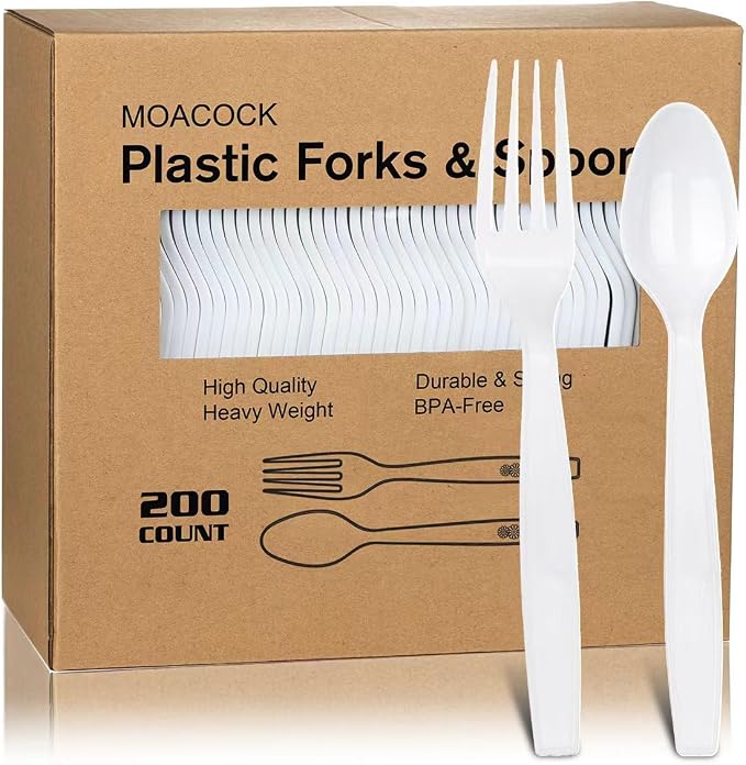 MOACOCK 200 Count White Plastic Silverware, Heavy Weight Plastic Forks Spoons Disposable Utensils Cutlery Set for Wedding Party Supplies Everyday Use