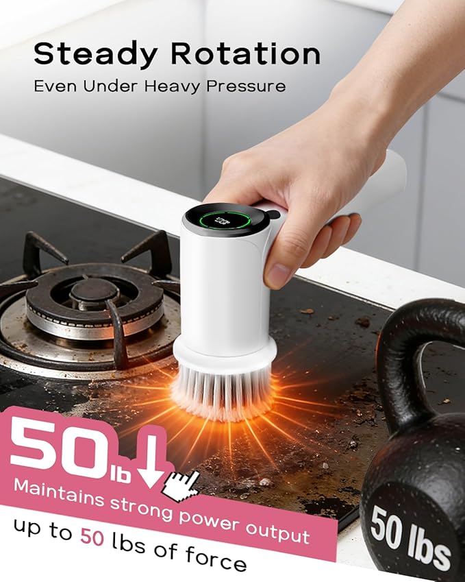 PUFTEM Upgraded Electric Spin Scrubber, Powerful Cordless Shower Scrubber with 4500mAh Large Battery & Speed Display, 6 Replaceable Brush Heads, Cleaning Brush for Bathroom Tile Tub Floor (White)