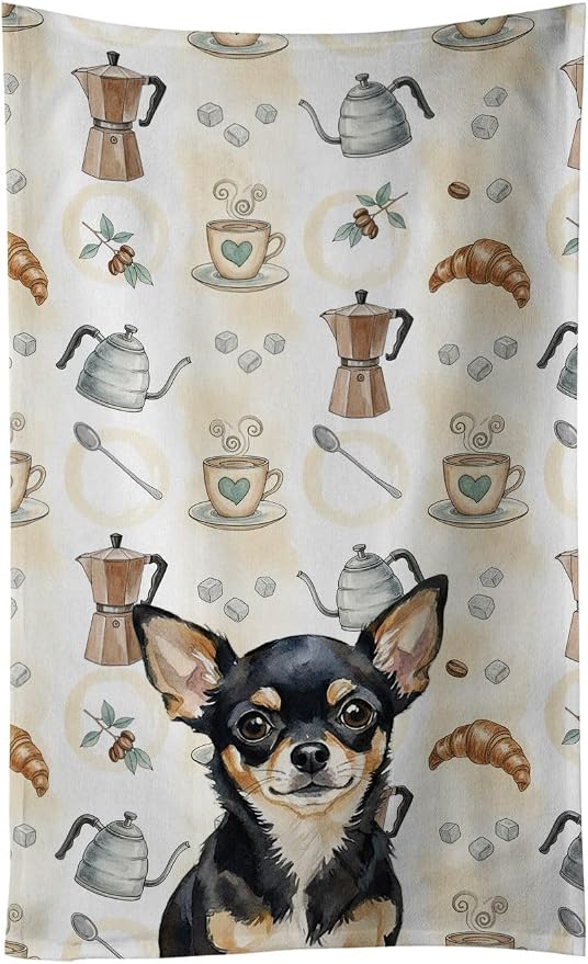 Caroline's Treasures Black and Tan Chihuahua Coffee Bar Kitchen Towel Velour Plush Front and Cotton Loop Back Machine Washable