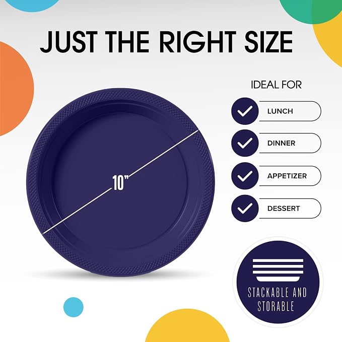 Exquisite Party Solids Deep Purple Plastic Plates For Party Supplies 10" Deep Purple Disposable Plates Heavy Duty 50 Pcs Plastic Dinnerware Sets Heavy Duty 350 GSM Disposable Dinnerware Set