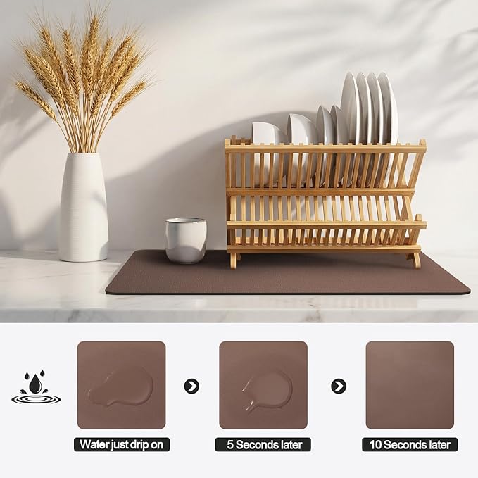 Ecotrim - Dish Drying Mat for Kitchen Counter | Coffee Bar Mat for Countertops | Heat Resistant Drainer Mat with Non-slip Rubber Backed | Hide Stain Kitchen Absorbent Draining Mat | Brown 18"x24"