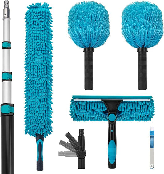 Cobweb Duster with 5-12 Ft Extension Pole, Spider Web Brush with Long Telescoping Pole for 20 Feet Reach, Window Cleaning Squeegee with Scrubber, High Ceiling Fan Dusters