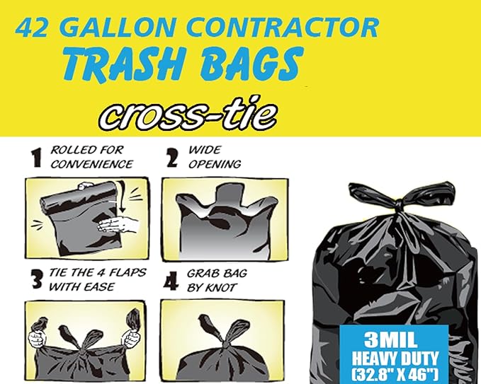 BEIDOU-PAC Contractor Heavy Duty Trash Bags 42 Gallon | 26 Count | 3 MIL | 32.8" X 46" | Large Black Flap Tie Construction Garbage Bags for Business Home Commercial, Industrial, Storage, Outdoor