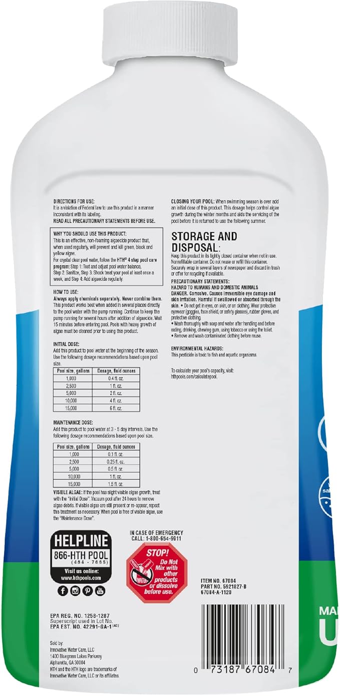 HTH 67084 Pool Care Algae Guard Advanced, All Algae Eliminator for Swimming Pools - Fast-Acting, Destroys & Prevents Green, Black & Mustard Algae, Keeps Pool Water Crystal Clear, 32 fl oz