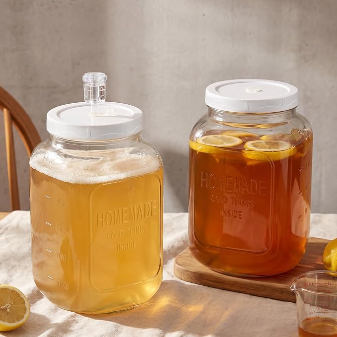 FavorFlavor 2 PCS 1.5 Gallon Fermentation Jar with Airlock and Lid, Wide Mouth Mason Jar with Scale Mark, Glass Container with Non-slip Base for Sauerkraut, Sourdough Starter, Kombucha, Mead Making