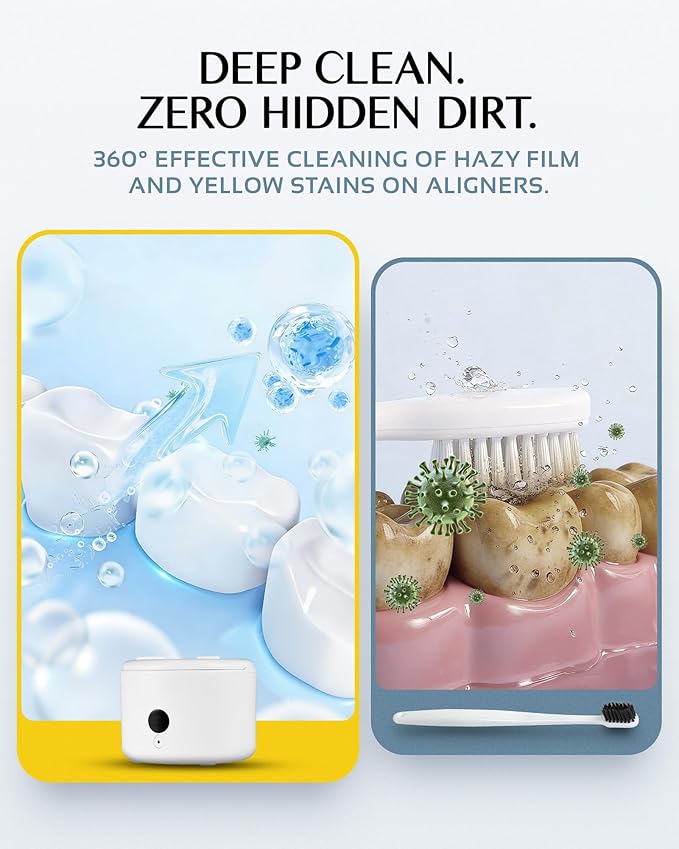 45khz Ultrasonic Retainer Cleaner Machine, Dental Cleaning Pod with 4 Modes & Digital Timer, Mouthguard Cleaner for Dentures, Aligners, Mouth Guards, Night Guards, Jewelry