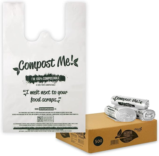 100% Certified Compostable Shopping Bags - Multipurpose Use - T-Shirt Style Bags - 500 Bags Per Case - Eco Friendly - Reduces Waste - Sustainable - No Pollution - Zero Waste