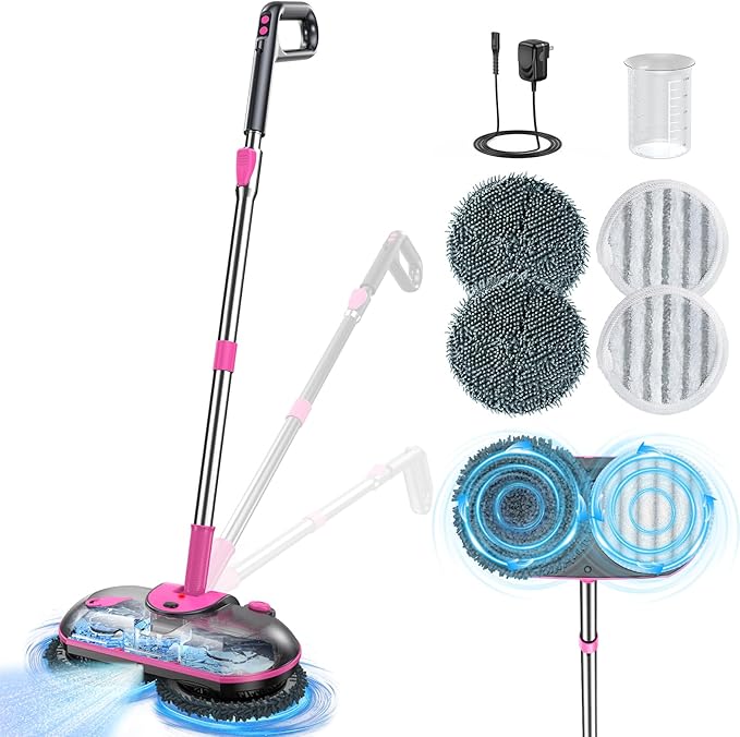 Electric Spin Mop with Water Sprayer, 300ml Tank Cordless Self-Propelled Floor Cleaner for Hardwood & Tile, Adjustable Handle, Quiet Cleaning, 2500mAh Long-Lasting Battery, Pink