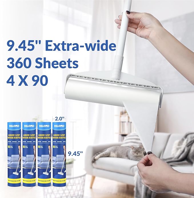 Large Lint Rollers for Carpet: Sticky Rollers for Floor DELOMO 9.45 in with 3 Extendable Handle, Long Handle Sticky Mop for Cleaning Carpets, Cars, Bedding, Couches, and Pet Hair - for Pet Homes
