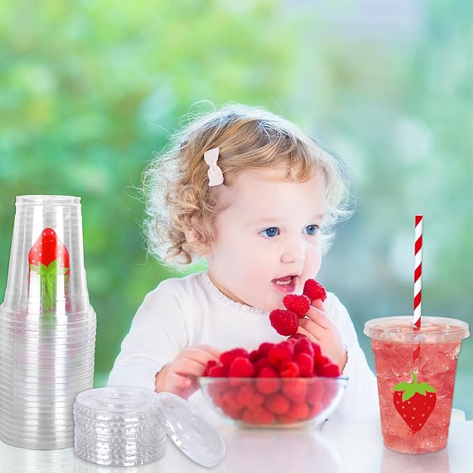Whaline 50Pcs Strawberry Disposable Plastic Cups with Lids and Straws 12 Oz Red Summer Fruit Cold Beverage Drinking Cups for Sweet One First Birthday Baby Shower Party