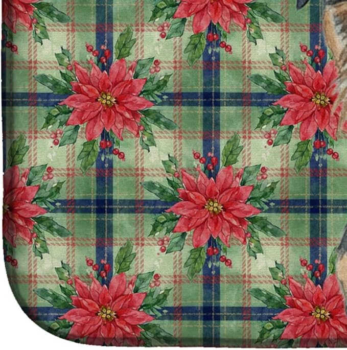 Caroline's Treasures Blue and Tan Border Terrier Christmas PoinsettIas Dish Drying Mat Absorbent Dish Drying Mat Pad for Kitchen Counter Dish Drainer Mat for Countertop, 14 x 21", Multicolor