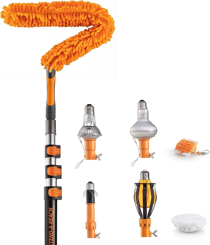 Ceiling Fan Blade Duster with 4-14 ft Extension Pole and Light Bulb Changer Attachment Kit // Flexible Fan Cleaner for Ceiling Fan // Suction Cup, Light Bulb Removal Toool, Microfiber Cloth and Basket