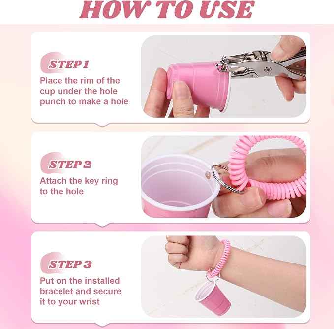 100 Pcs Pink Stretchable Wristband for Shot Cups Wrist Coil Keychain with Hole Puncher Plastic Wristlet Keychain Kit for Shot Tasting Glasses Sports Game Party Supplies