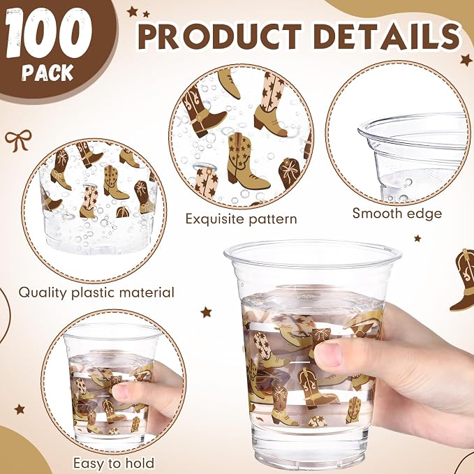 Jingmore 100 Pcs Western Plastic Cups 12 oz Clear Disposable Plastic Cowboy Cowgirl Drinking Cups Bulk for Boho Preppy Baby Shower Birthday Wild West Party Decoration Supplies(Cowboy Shoes,Brown)