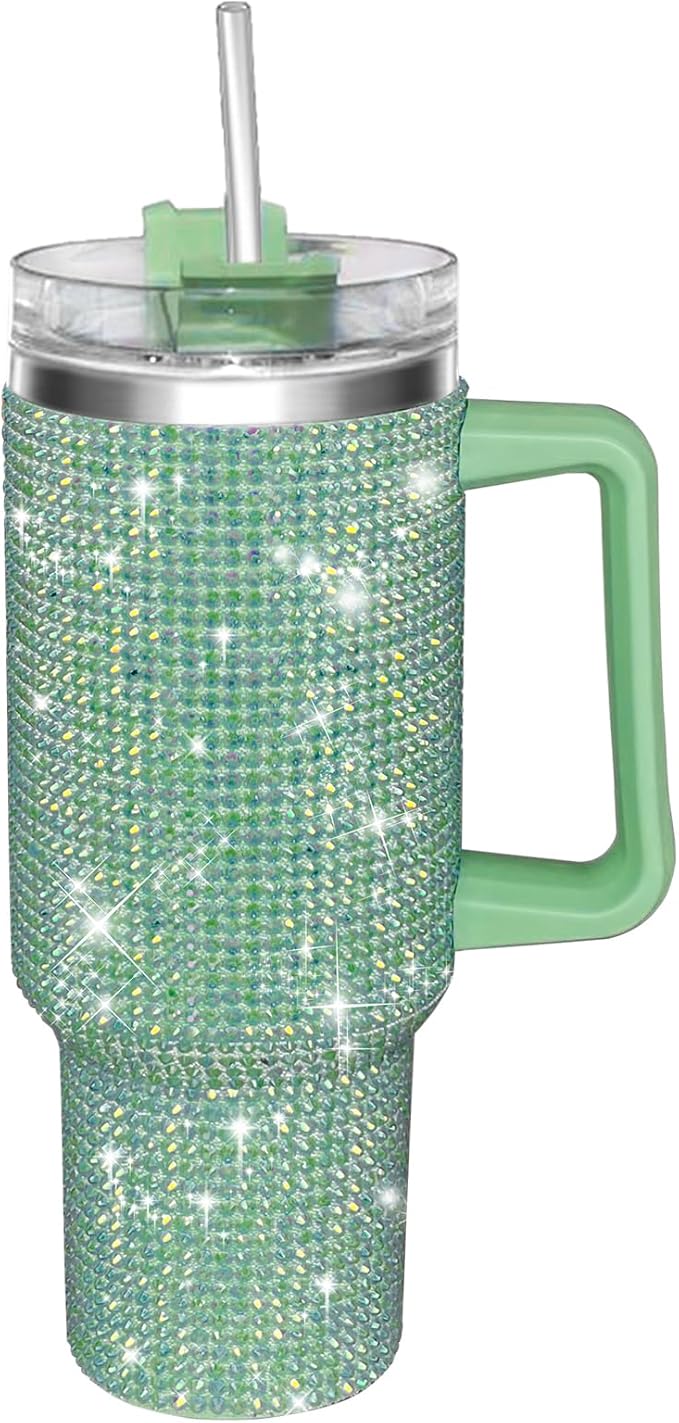 HWISDMIG 40oz Tumbler with Handle-Glitter Rhinestones Tumbler Bling Cups Stainless Steel Water Bottle Diamond Studded Tumbler for Women-Birthday Gifts for Women, Mom, Girlfriend (Dark Green)