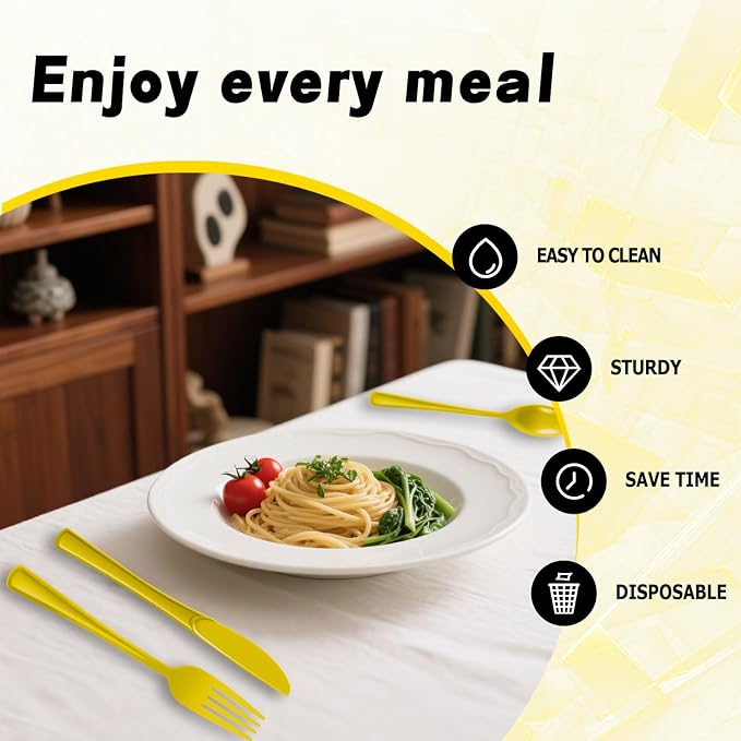 Plastic Silverware 150 PCS Disposable Silverware Heavy Duty Utensil Sets 50 Of Each Forks Knives & Spoons Disposable Cutlery Set For Easter,Birthday,Baby Shower,Garden Party,Wedding(150,Light Yellow)