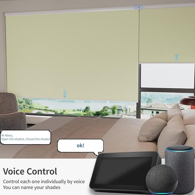 MYshade Motorized Cellular Shades - Smart Blinds Compatible with Alexa/Google Home/SmartThings, 100% Blackout Rechargeable Cordless Honeycomb Blinds, Custom-Size Auto Shades for Windows (Beige)