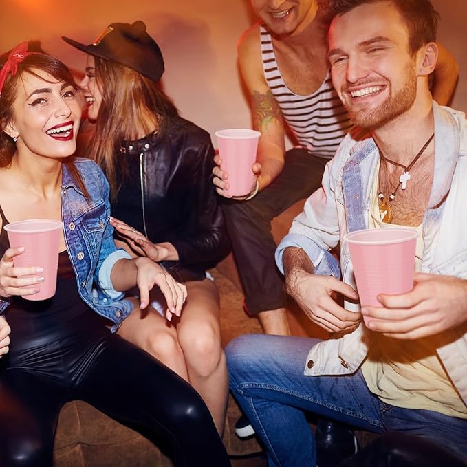 100PCS 16 oz Pink Plastic Cups, Disposable Party Cups for Graduation Weddings, Birthdays & Festive Celebrations, Beverage Holiday Camping Barbecues, Reusable Party Supplies