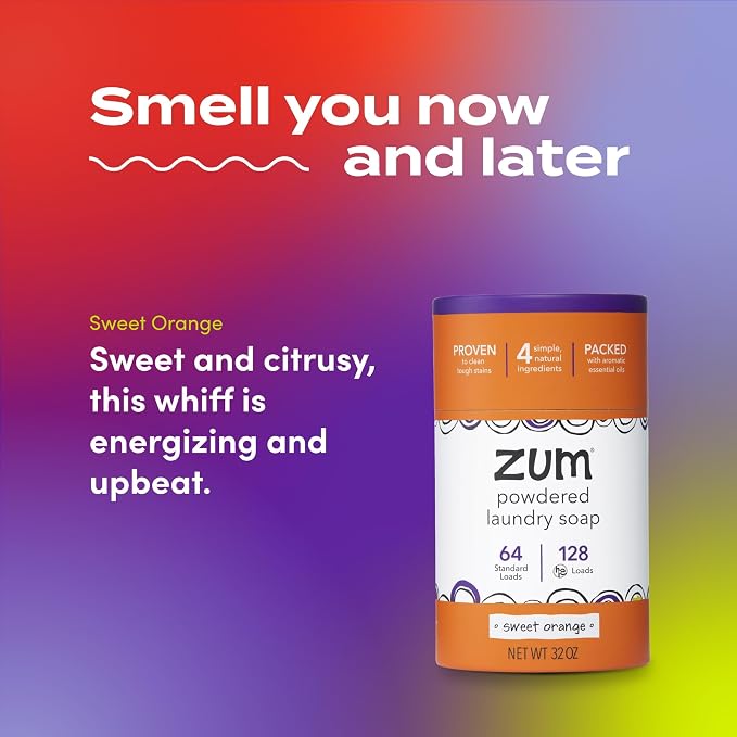 Zum Powdered Laundry Soap by Indigo Wild - Plant-Based Laundry Soap with Baking Soda, Coconut Oil & Essential Oils - 64 Loads (32 oz) - Sweet Orange