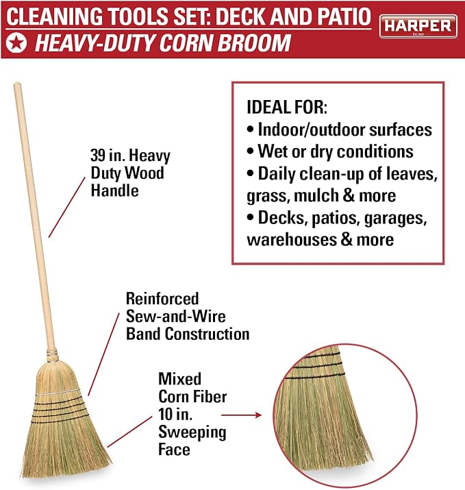Harper 37518100 Deck/Patio Cleaning Set with 60 in. Handle Deck Brush, Heavy Duty Corn Broom, Scrubbing Brush and Long Reach Scrubbing Brush