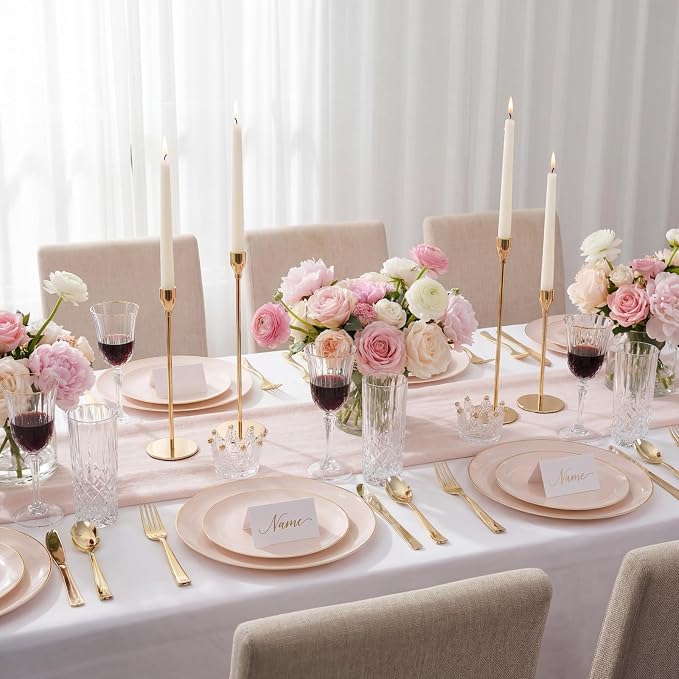 KIRE 350 PCS Pink Plastic Plates - Pink and Gold Disposable Dinnerware 50 Guest Include 50 Dinner Plate - 50Dessert Plate - 50Pre Rolled Napkins with Silverware for Party/Wedding/Baby Shower