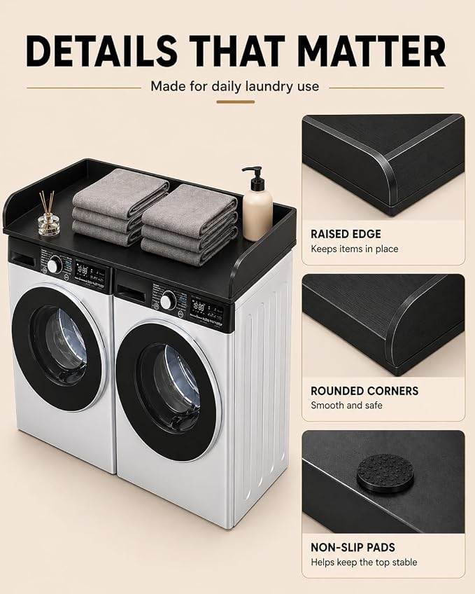 FlyGeneral Washer and Dryer Countertop, 54" Width x 27.5" Deep, Black | Laundry Folding Surface for Clothes, Quick Install Design, Raised Edge Prevents Items Falling, Fits Front Load Washer Dryer