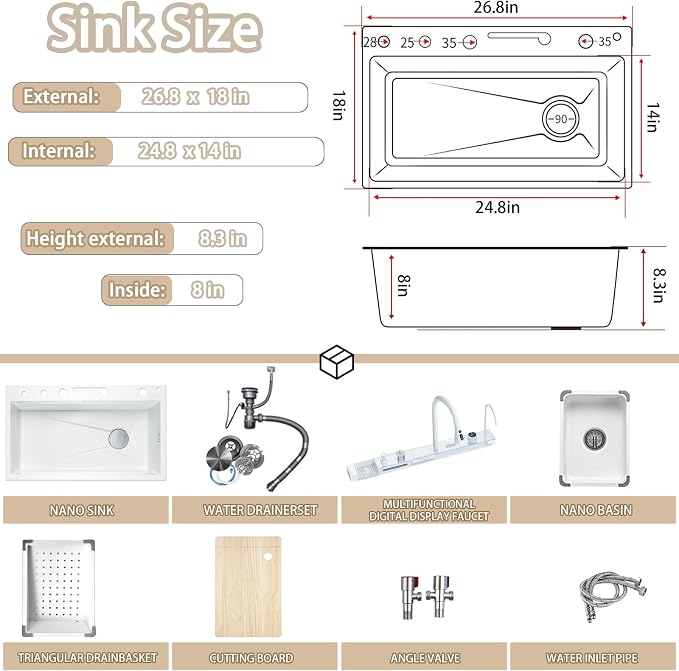 26.8 inch White Smart Digital Display Waterfall Sink, 304 Stainless Steel Modern Kitchen Sink with 5 Water Outlet Modes, Waterfall Pull-Out Faucet, Cup Washers and Accessory Set
