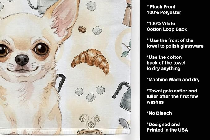 Caroline's Treasures Cream Chihuahua Coffee Bar Kitchen Towel Velour Plush Front and Cotton Loop Back Machine Washable