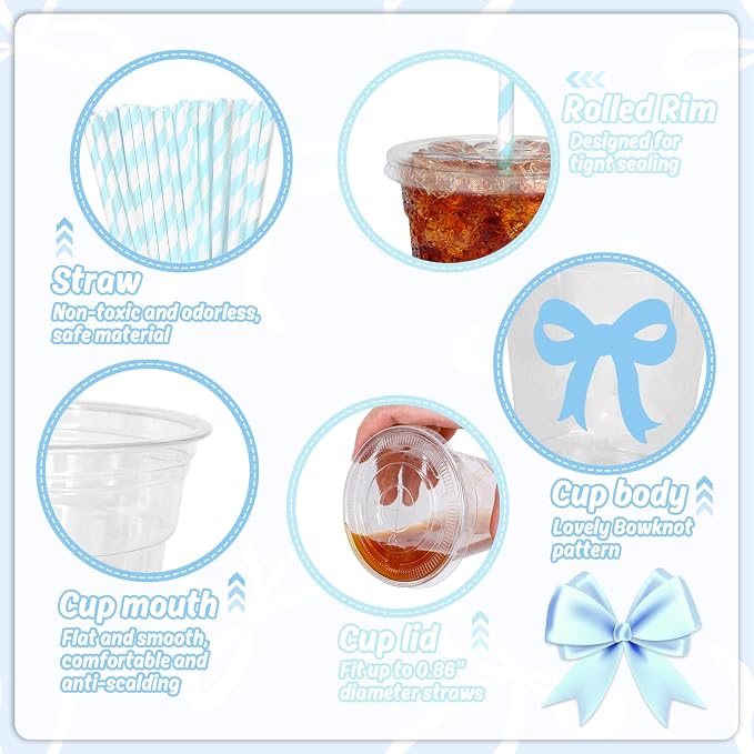 Whaline 50 Pcs Bow Disposable Plastic Cups with Lids and Straws 12 Oz Blue Bow Knot Cold Beverage Drinking Cups