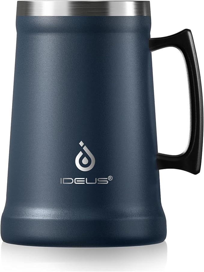 Ideus Insulated Beer Stein, 24/32oz Stainless Steel Double Walled Beer Mug Giant Bar Drinkware Metal Beer Cup with Big Grip Handle (Navy Blue, 34 ounces (1,000ml))