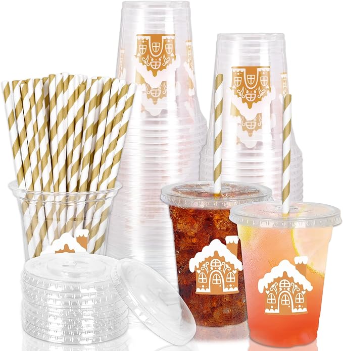 Whaline 50 Pcs 12 Oz Christmas Disposable Plastic Cups with Lids and Straws Gingerbread House Cold Beverage Drinking Cups for Winter Xmas Birthday Party Supplies