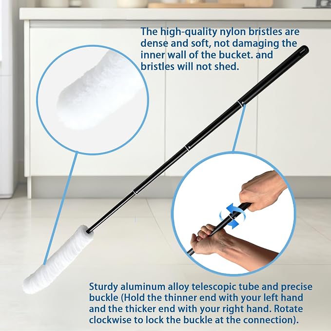 Telescopic Long Handle Bucket Brush,Up to 118cm,Thick Aluminum Alloy Extra Long Handle,Gallon Bucket Brush for Cleaning Dead Corners,Bendable Nylon Brush Head for Cleaning Bucket Opening>3.5cm (S1)
