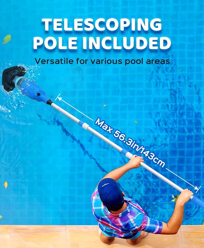 Pool Vacuum for Above Ground Pool with a Telescopic Pole, 80Mins Runtime, Handheld Rechargeable Pool Cleaner with 18.5 Gallons/min Powerful Suction for Above Ground/Inground Pools, Hot Tubs, Spas