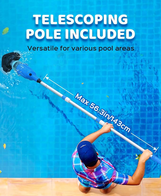 Pool Vacuum for Above Ground Pool with 78.7" Telescopic Pole, 80Min Runtime | Handheld Cordless Pool Cleaner with 18.5 Gallons/min Suction for Pools, Hot Tubs, Spas