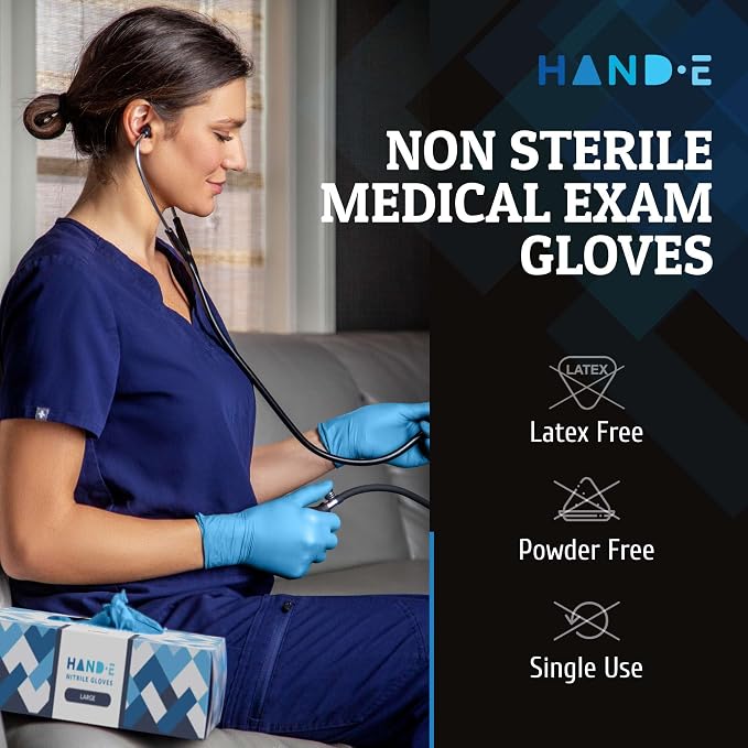 Hand-E Touch Disposable Nitrile Gloves 1000 Count Case - Latex Free, Powder Free, Surgical Medical Exam Gloves -Bulk Supply