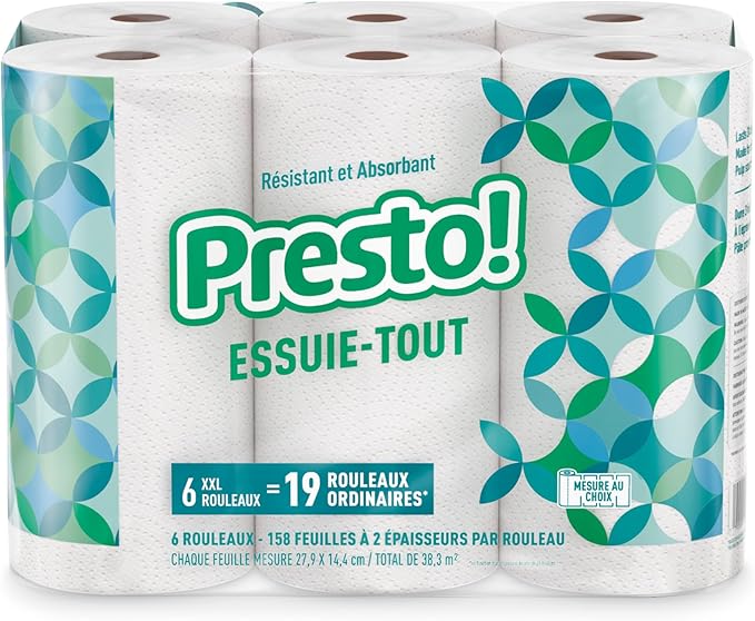 Amazon Brand - Presto! Ultra-Strong Premium Paper Towels, 158 Sheet Huge roll - Flex-a-Size, 6 Rolls, Equivalent to 19 Regular Rolls, White