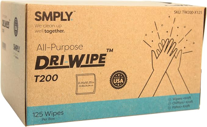 Dri-Wipe™ T200 by SMPLY Brands – Two-Ply Center-Pull Kraft Wipes, 18 Boxes of 125 (2,250 Total) – All-Purpose Disposable Wipes for Retail, Food Prep, Window Cleaning, and Light Spills