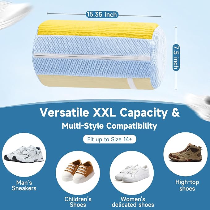 Shoe Bag for Washing Machine and Dryer - 2PCS XXL Reusable Shoe Laundry Bag with Shoe Tree - Chenille Microfiber 360°Deep Cleaning Bag for Sneakers Tennis Delicate Shoes - Yellow 15.35 × 7.5 Inches
