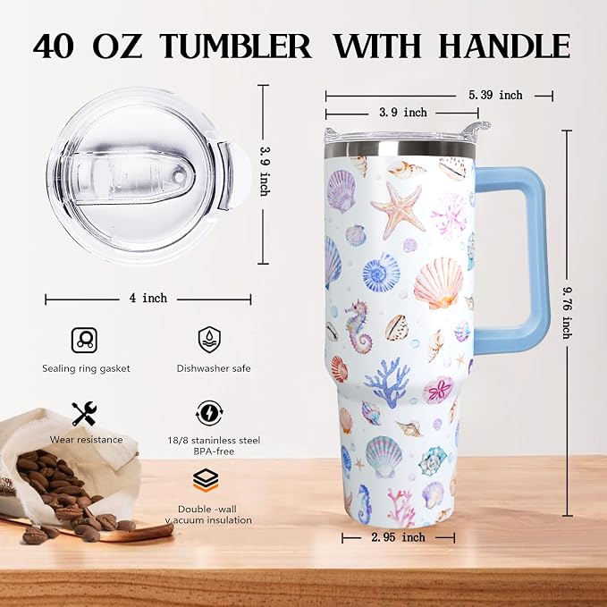 Ceovfoi 40 Oz Rainbow Seashells Tumbler with Handle Lid and Straw,Watercolor Ocean Cup,Water Bottle,Travel Coffee Mug,Hawaiian Rainbow Seashells Decor,Accessorie