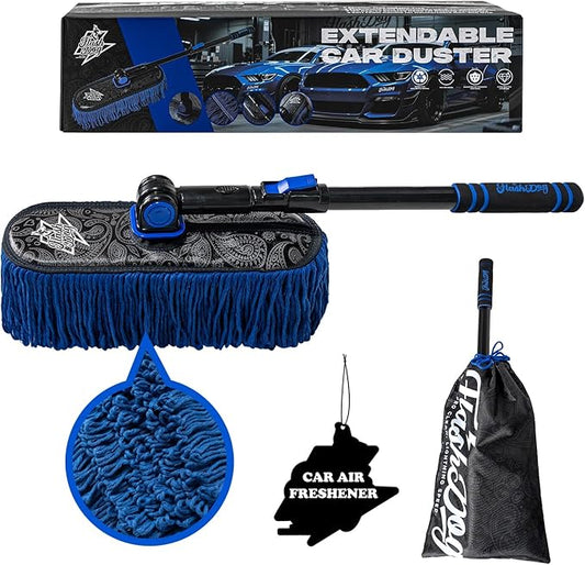Flash Dog Waterless Car Duster - Wax Cotton Strands 360°Swivel Head & Extendable Aluminum Alloy Handle for Scratch-Free Dusting on Cars, Trucks, SUVs, RVs