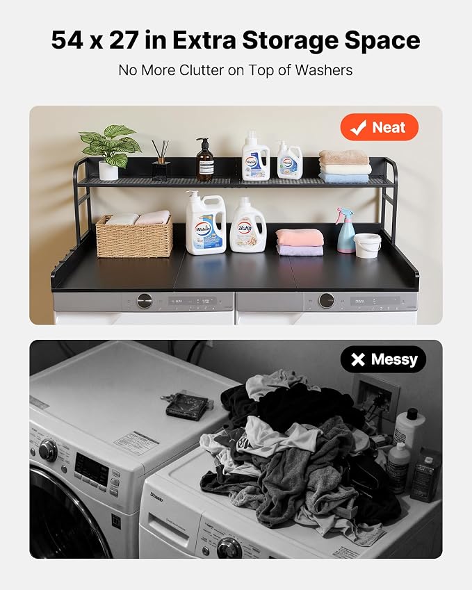 VEVOR Washer Dryer Countertop with Shelf, 54 x 27 in Wooden Washer and Dryer Topper with Shelf and 2 Hooks, Laundry Machine Topper for Laundry Closet Pantry Counter Organization and Storage, Black