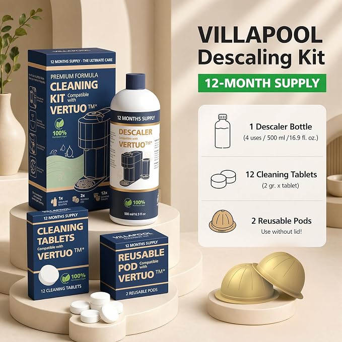 Descaling Kit Compatible with Nespresso Vertuo, 12 Month Supply-Includes 1 Bottle of Descaling Solution, 12 Cleaning Tablets & 2 Reusable Pods, Cleans Pod Area & Limescale, for Vertuoline